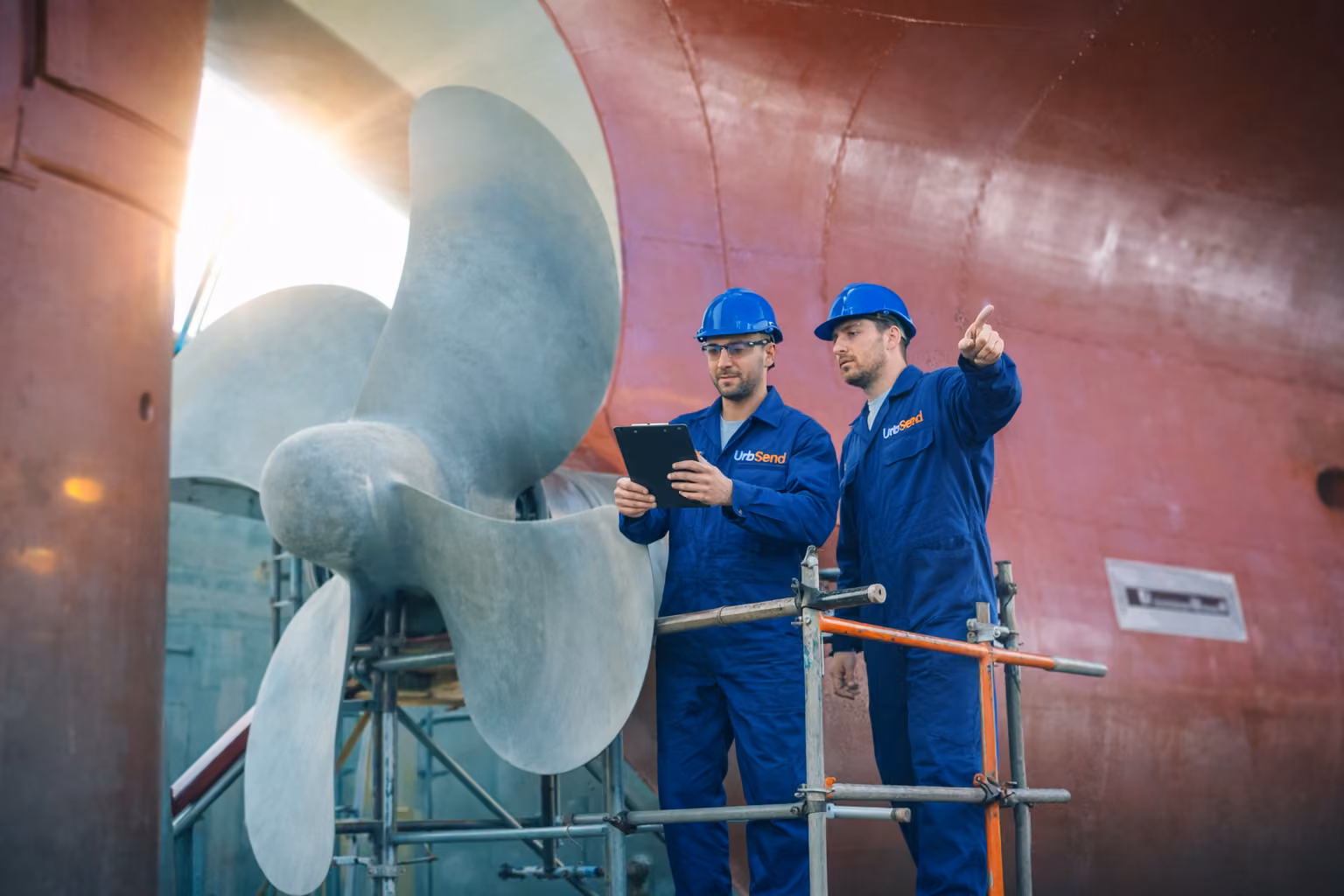 Técnicos inspeccionando hélice de barco en astillero