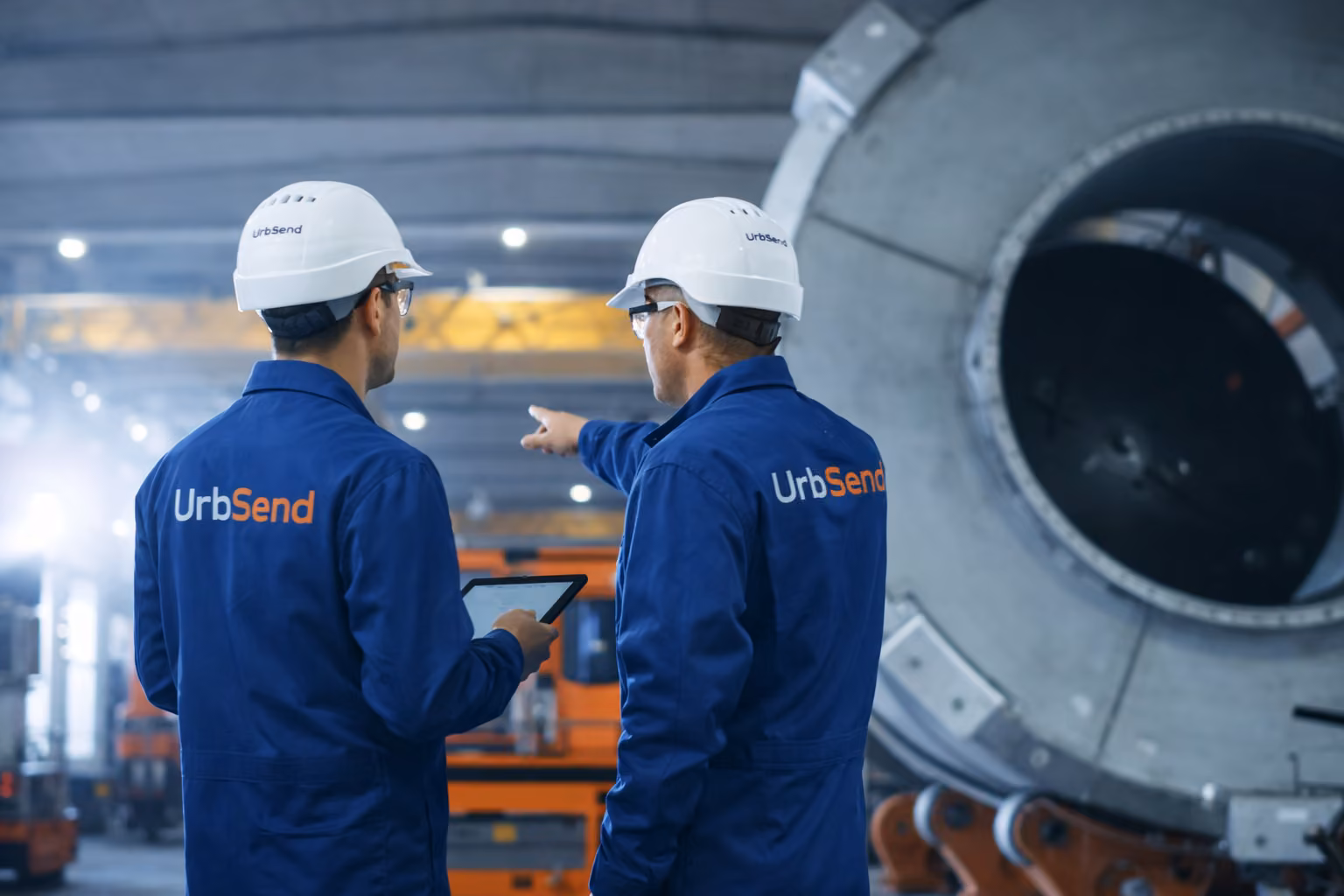 Trabajadores con cascos en planta de petróleo y gas