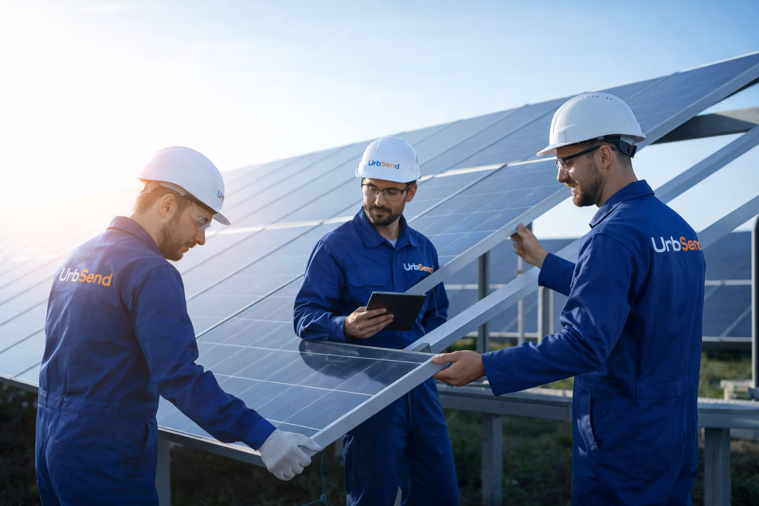 Técnicos instalando paneles solares industriales