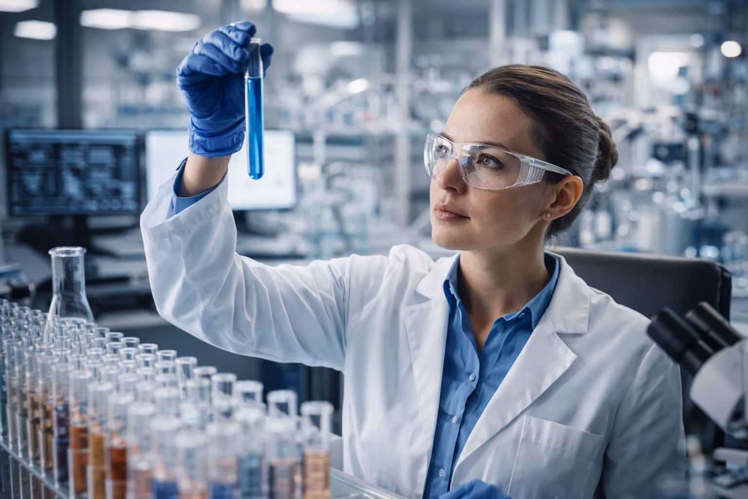 Ingeniera con equipos de protección en laboratorio industrial
